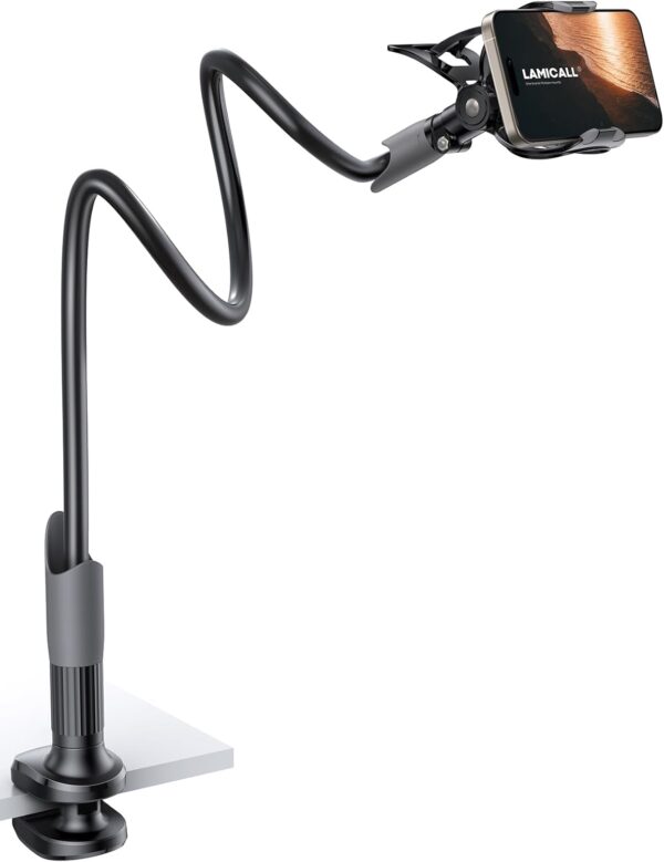 Cell Phone Mount Clamp Clip, Flexible Long Arm, Overhead Mount for Desk Headboard Bedside, for iPhone 16 Pro Max, 15 Pro Max, 14 Plus, 13 Mini & 4-7" Phone