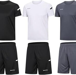 BUYJYA Men's Workout Clothes Athletic Shorts Shirt Set 3 Pack Basketball Football Training Running Gym