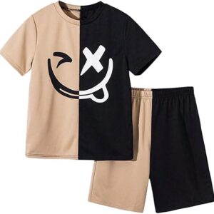 Boy's 2 Piece Summer Outfits Color Block Graphic Tees and Shorts Sets