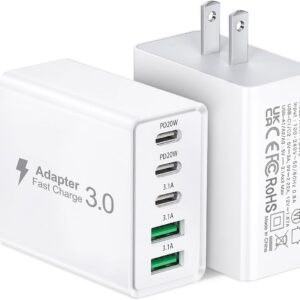 2Pack USB C Fast Charger Block,50W 5-Port USB C Wall Charger Brick,2 USB A & 3 USB C PD3.0
