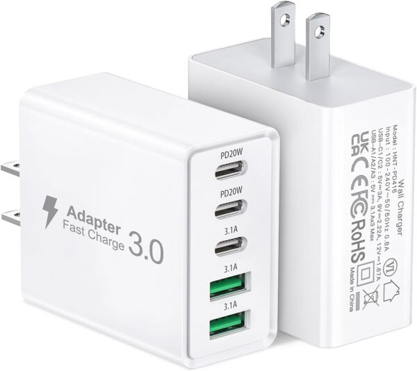 2Pack USB C Fast Charger Block,50W 5-Port USB C Wall Charger Brick,2 USB A & 3 USB C PD3.0