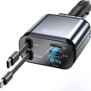 Fast Charger 4 in 1 Retractable Car Charger 69W,USB-C Fast Car Accessories,Compatible with All iPhones All Android Phones