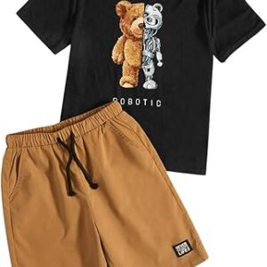 Boy's 2 Piece Outfits Cartoon Graphic Tee and Drawstring Waist Shorts