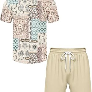 LecGee Men's Hawaiian 2 Piece Shirts and Shorts Set Summer Beach Matching Set Outfits Summer Tracksuit
