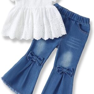 Toddler Girl Clothes Summer Smocked Shirts Tops Denim Bell Bottom Jeans
