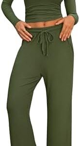 Cozy 2 Piece Lounge Sets for Women, Side Ruched Long Sleeve Top & Wide Leg Pants Casual Matching Tracksuit