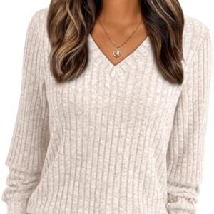 AUTOMET Womens V Neck Long Sleeve Shirt Fall Fashion Tops Tunic Dressy Casual Sweater Clothes Cute Trendy Work Outfits 2026 Apricot M at Amazon Women’s Clothing store