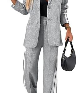 CHICME Womens Two Piece Outfits Striped Side Button Blazer and Pants with Pockets