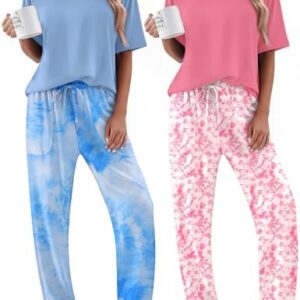 Ekouaer Loungewear Sets Woman Short Sleeve Pajamas Cute Tops and Long Pants