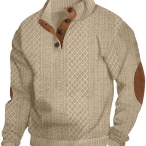 QOSOQ Men's Casual Sweatshirt Pullover Sweater Casual Long Sleeve Stand Collar Quarter Button Sweaters Khaki : Clothing, Shoes & Jewelry